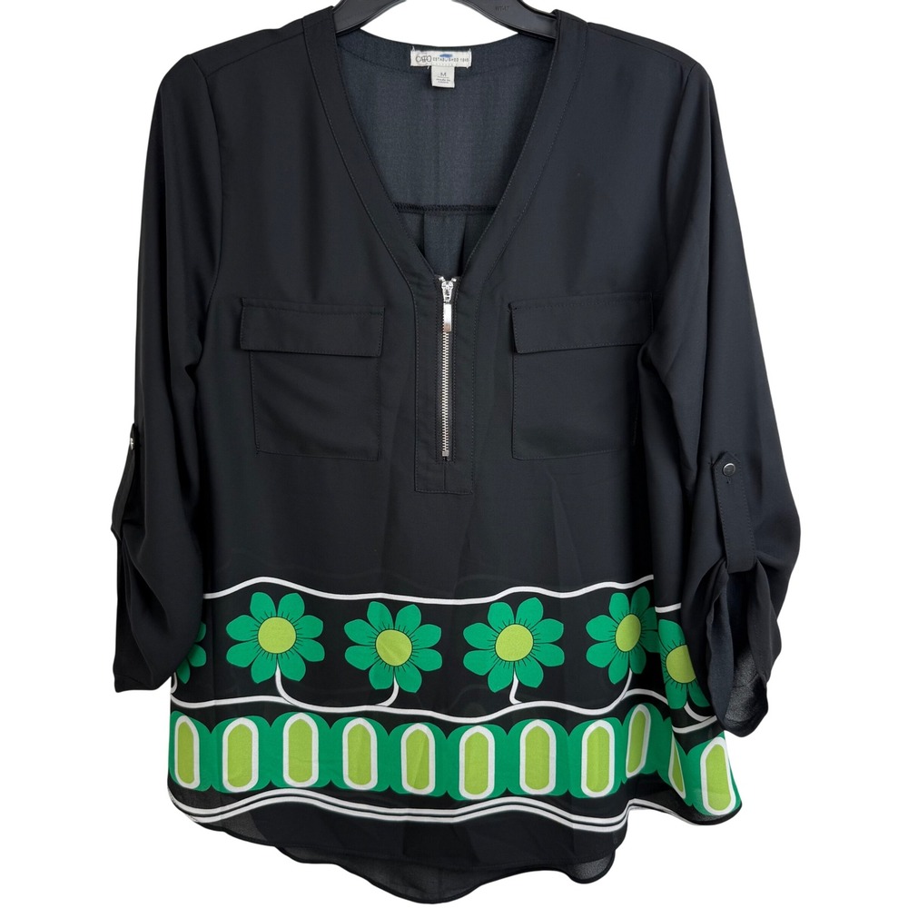 Cato Boho Tunic Top M Black Green Floral Retro 70s Mod Print Zip V-Neck Blouse M